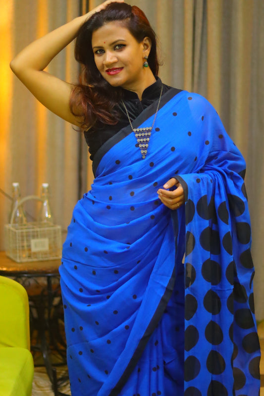 Stunning Deep Blue Polka Dot Saree