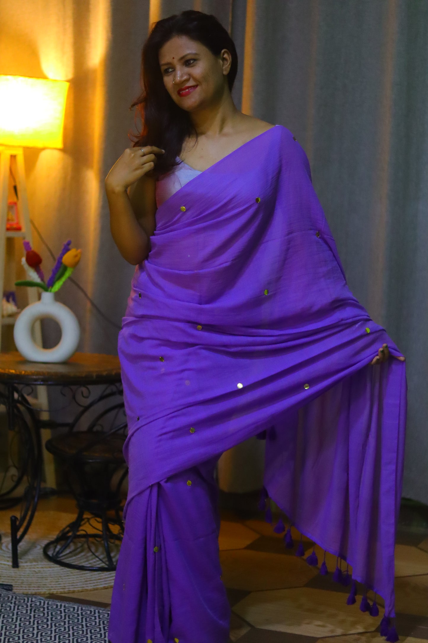 French purple chumki saree