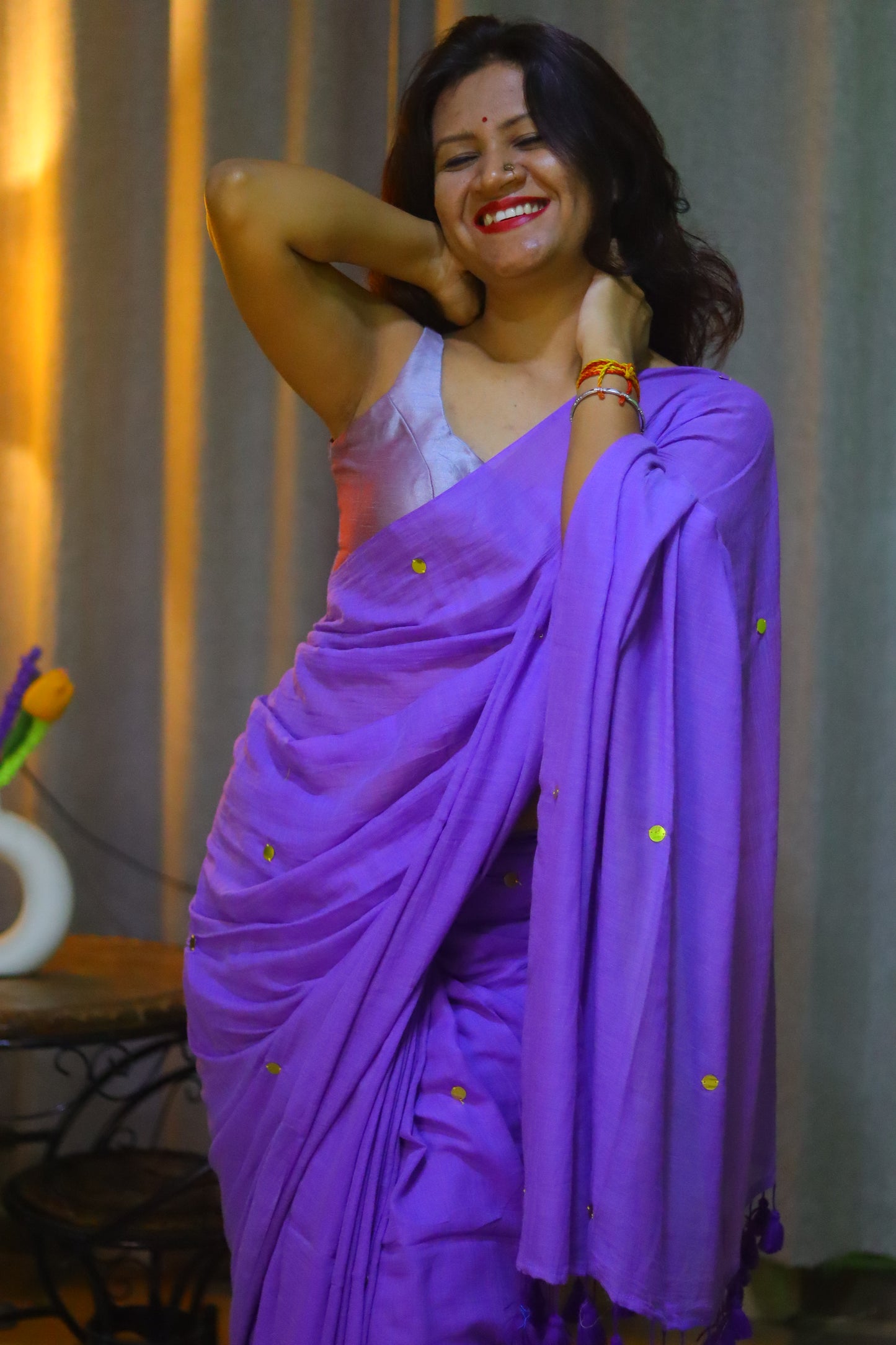 French purple chumki saree