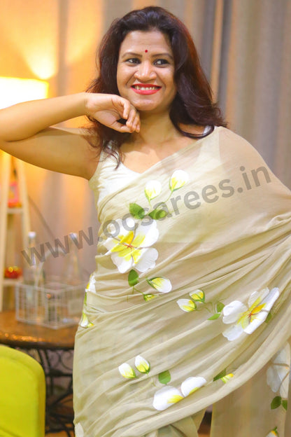 Sanjh ki khushbu (beige color hand painted mul cotton saree)