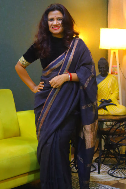 Tamra kanya- Black linen saree