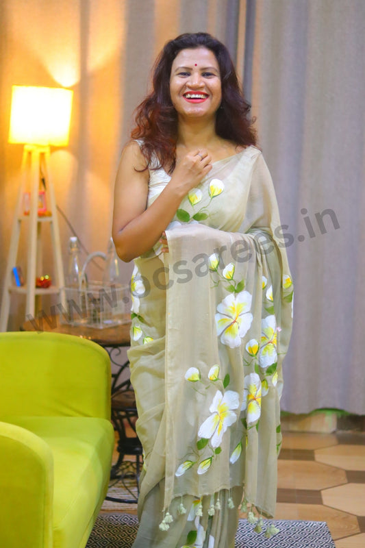 Sanjh ki khushbu (beige color hand painted mul cotton saree)