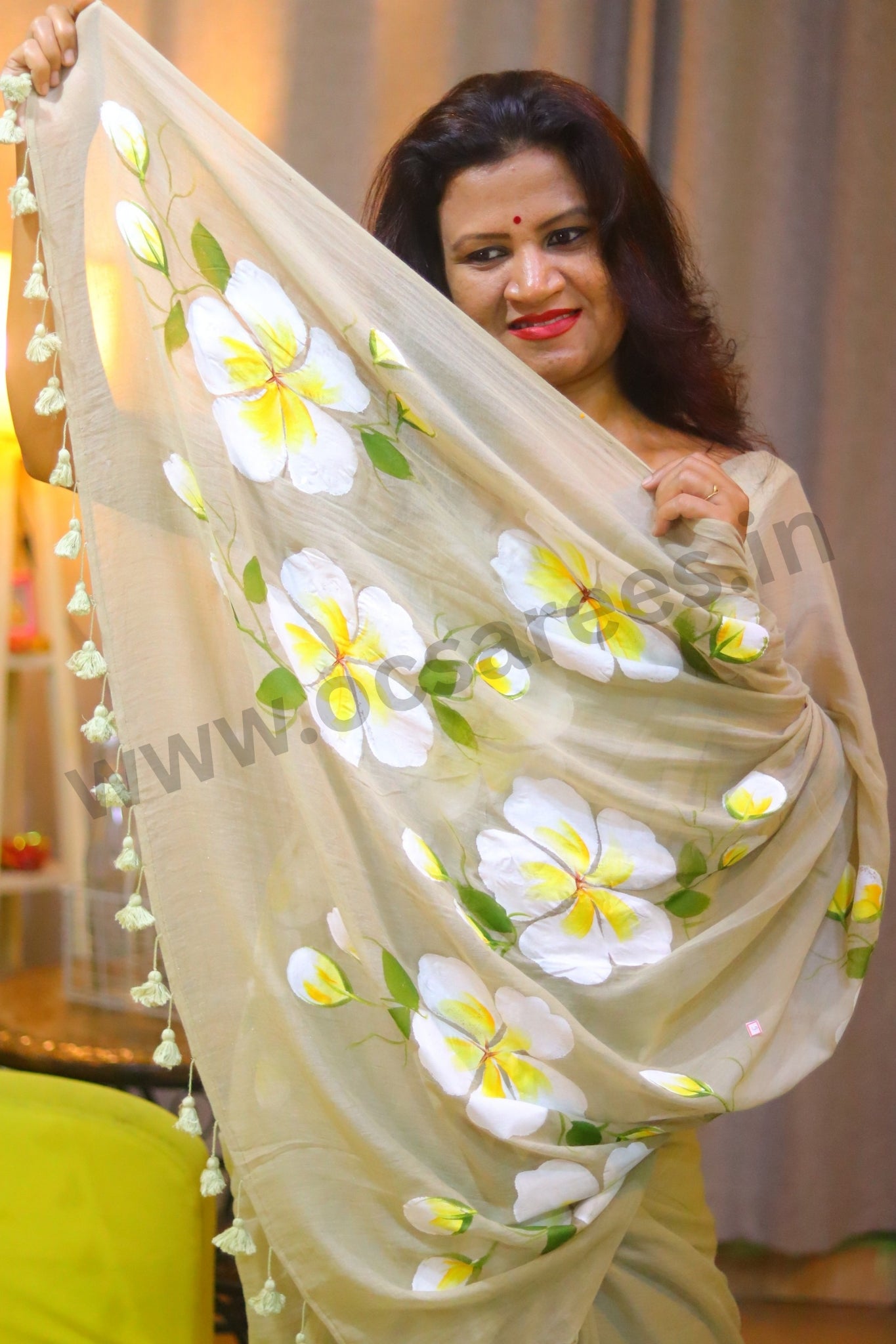Sanjh ki khushbu (beige color hand painted mul cotton saree)