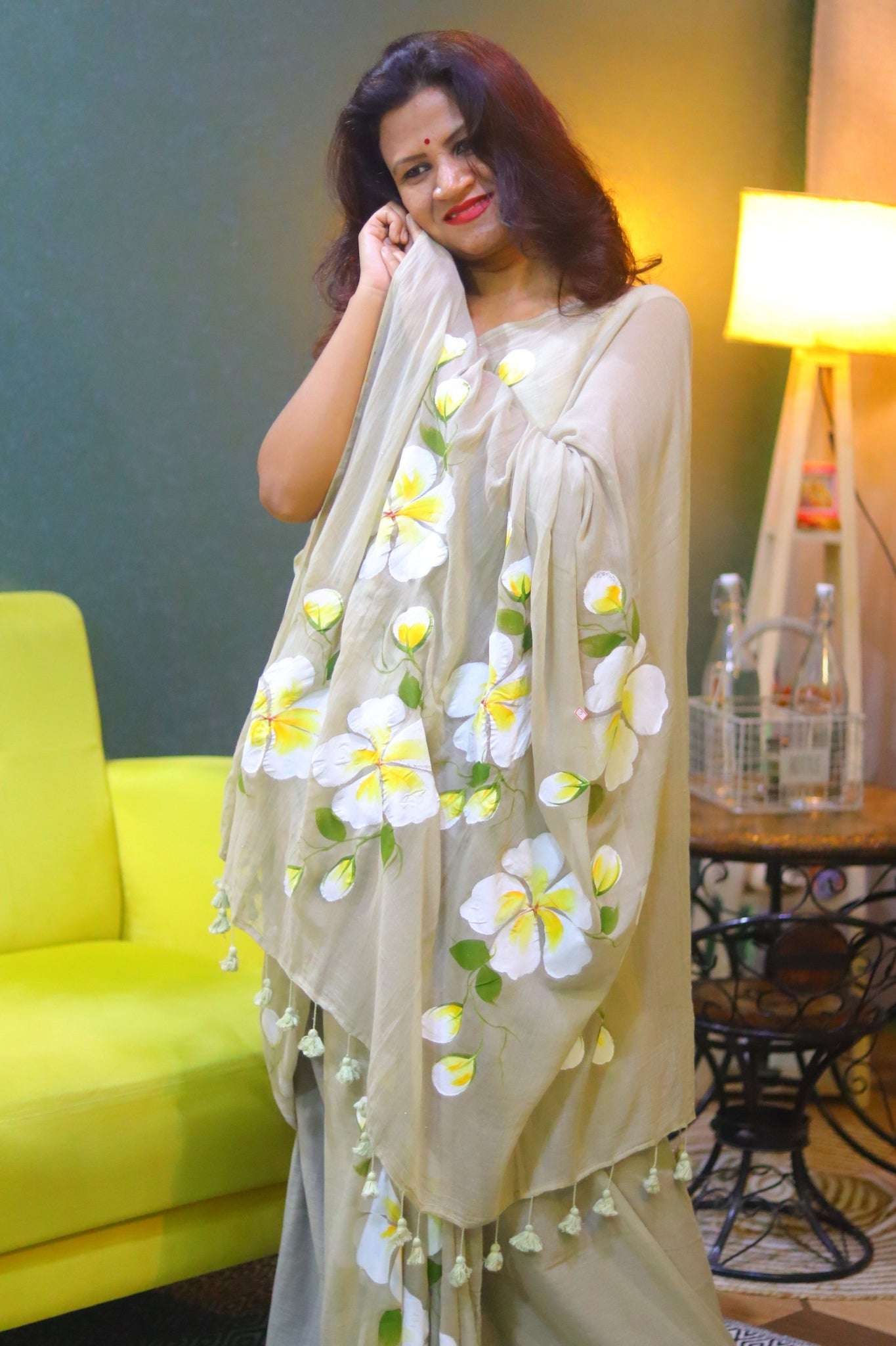 Sanjh ki khushbu (beige color hand painted mul cotton saree)